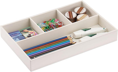 KINGFOM Pu Leather Desk Organizer Tray, 4 Compartment Office Storage Supplies Stationery Drawer Tray, Nightstand Bedside Tray for Key, Wallet, Watch, Coin, Phone Valet Tray Stackable
