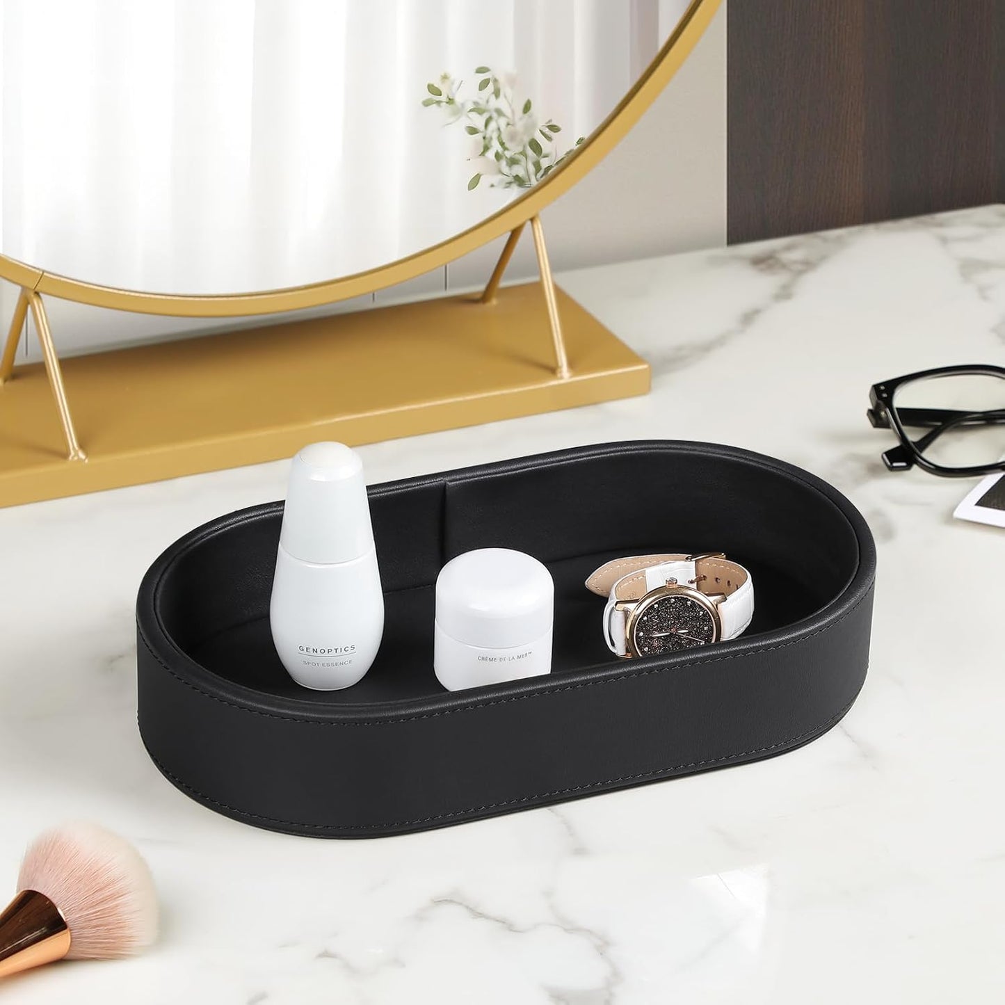 Oval Desk Valet Tray, PU Leather Perfume Dish Bowl for Keys Wallet Watch, Decorative Trinket Vanity Jewelry Tray, Entryway Nightstand Organizer Women Men (Black)
