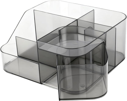 BQAN Transparent Acrylic Nail Desk Organizer with Spinning Drawer, Drill & Brush Holder, Desktop Manicure Tool Storage for Nail Techs, Makeup, Skin Care (Black) - Professional Salon or Home Use