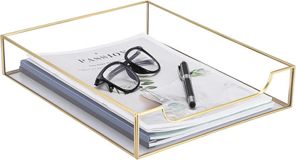BTSKY 1 Pack Golden Glass Desk Tray, Multi-Purpose Organizer for A4 Paper, Documents, Desk Supplies, Makeup, Clear File Tray with Metal Frame, Stackable Decorative Storage for Home Office Vanity