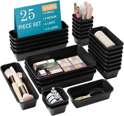 Kutesna 25 PCS Black Drawer Organizer Set, 4 Size Interlocking Plastic Storage Bins for Office Supplies, Jewelry Makeup Vanity, Bathroom Kitchen, Home Organization Closet, Gadgets Small Items