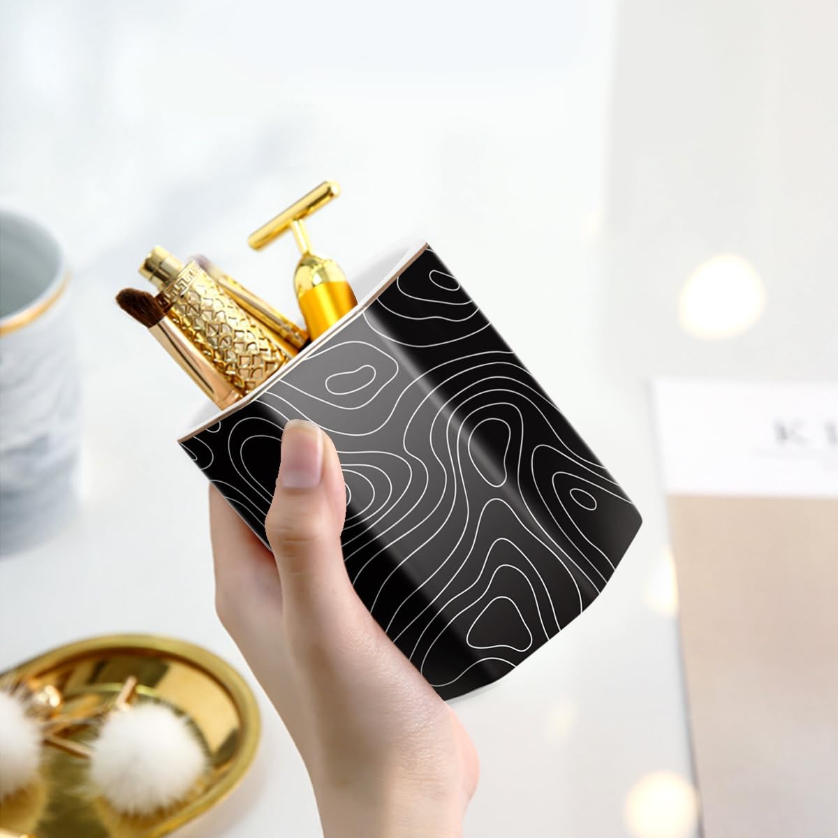 WAVEYU Ceramic Pen Holder for Desk Cute, Pencil Cup Pot Desk Organizer, Makeup Brush Holder for Women, Men, Kids, Desk Marble Decor for Office, Classroom, Home, Gray Golden