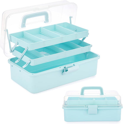 BTSKY 3-Layer Plastic Dividing Storage Box Craft Organizer and Storage with Adjustable Spacers Portable Handled Art Supply Organizer Multipurpose Home Utility Box for Medicine Sewing(Haze Green)