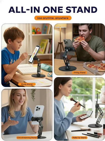 Phone Stand for Desk - Adjustable Height and Angle Foldable Cell Phone Stand Holder, No Dropping Stable Triple-Clamp Holder, Adjustable Tightness, Compatible with iPhone Android Phones, White