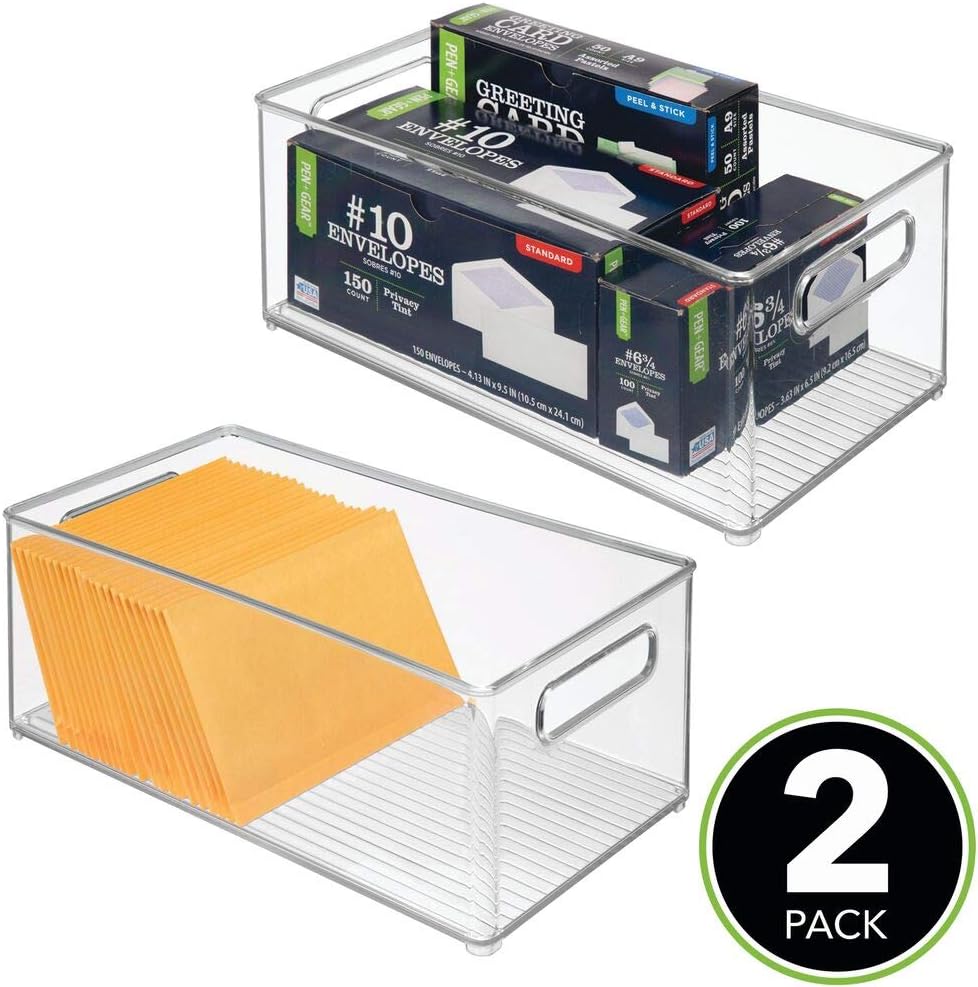 mDesign Plastic Office Supply Organizer - Storage Holder Bin with Handles for Desk Drawer, Cabinet - Pencil, Pen, Envelope and Supplies Container Basket - Ligne Collection - 2 Pack - Clear