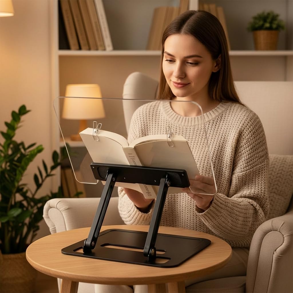 Acrylic Adjustable Book Stand, Reading Stand with Lift Design, High-Density Alloy Desktop Document Holder for Document Recipe, Cookbook, Music Book (Silver)