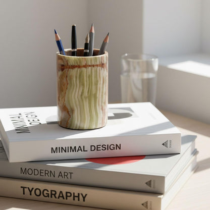 Radicaln Marble Pen Holder For Desk 4" Inches Green Onyx Handmade Makeup Brush Cup for Girls, Bathroom Tumbler Cup, Durable Office & Home Organizer Pencil Holder