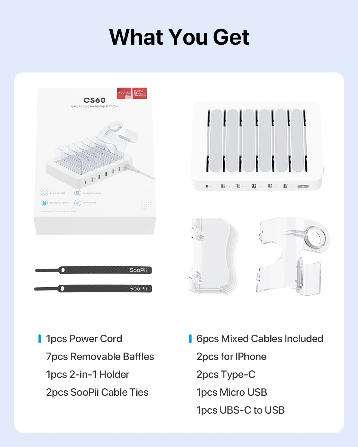 SooPii 60W 6-Port PD Charging Station for Multiple Devices, 20W PD USB C Fast Charging for lPhone 14/13/12,6 Short Cables Included, 2 in 1 Holder,for Phones,Tablets and Others…
