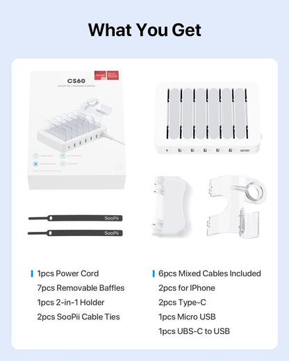 SooPii 60W 6-Port PD Charging Station for Multiple Devices, 20W PD USB C Fast Charging for lPhone 14/13/12,6 Short Cables Included, 2 in 1 Holder,for Phones,Tablets and Others…