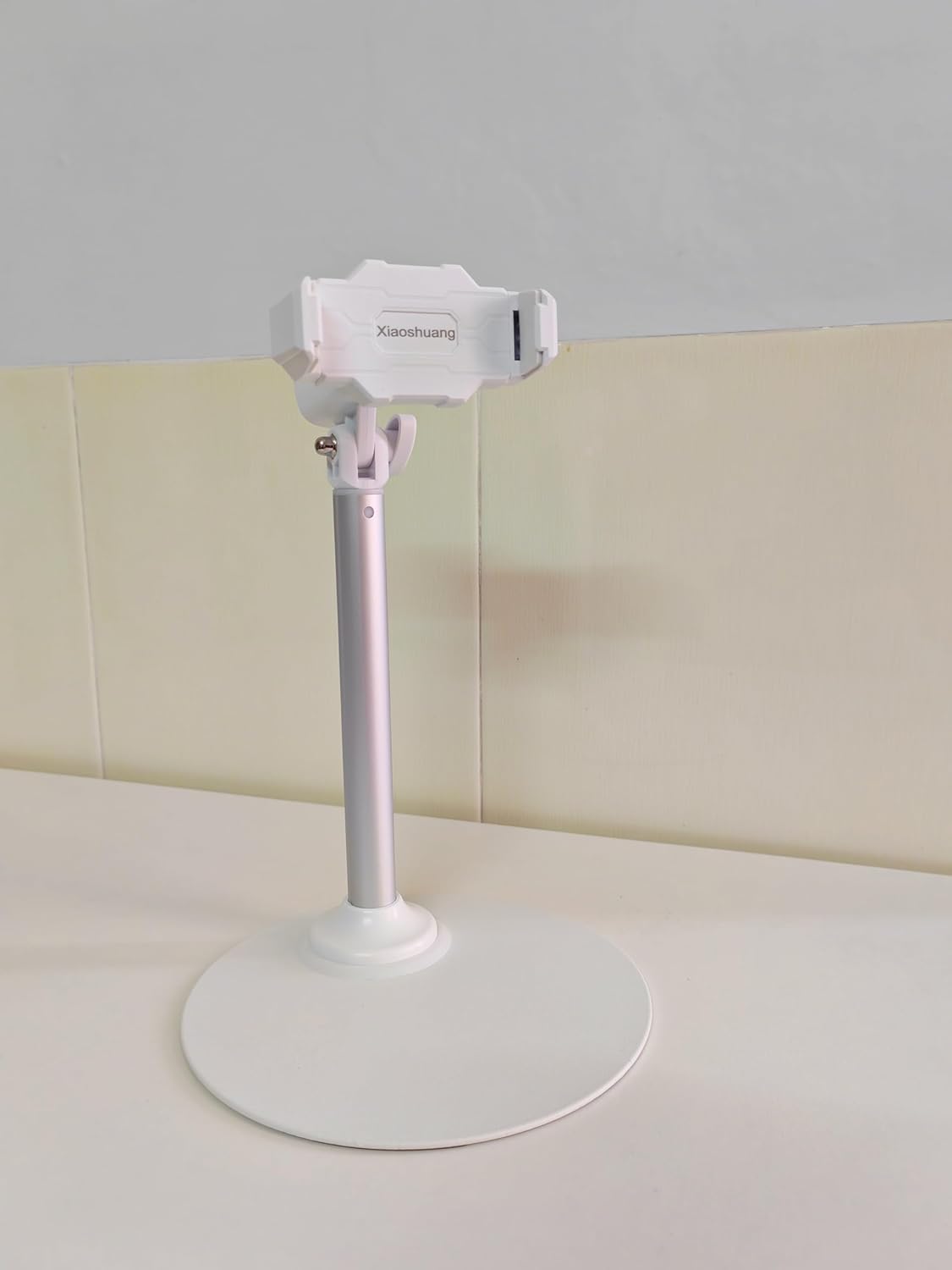 Adjustable Phone Stand for Desk with Clip Mount Live Streaming: 360° Rotatable Overhead Shot Holder with Sturdy Metal Base, Compatible with TikTok, YouTube, Zoom Video Recording (White)