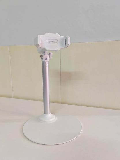 Adjustable Phone Stand for Desk with Clip Mount Live Streaming: 360° Rotatable Overhead Shot Holder with Sturdy Metal Base, Compatible with TikTok, YouTube, Zoom Video Recording (White)