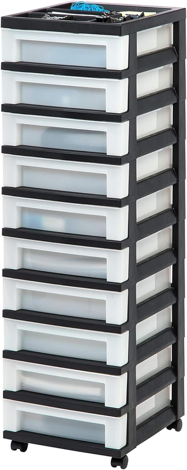 IRIS USA Plastic Drawer Storage Organizer Rolling Cart, with Wheels Casters, 4-Drawers, for Classroom Art Craft Supplies Dresser Closet Bathroom Laundry Room, Black/Pearl
