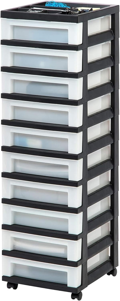 IRIS USA Plastic Drawer Storage Organizer Rolling Cart, with Wheels Casters, 4-Drawers, for Classroom Art Craft Supplies Dresser Closet Bathroom Laundry Room, Black/Pearl
