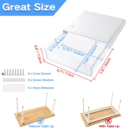 Self-adhesive Under Desk Drawer Organizer, 2 Pack Table Hidden Slide Out Large Storage Mounted Desktop Pencil Holder Tray Drawers for Office Home School Stationery Kitchen (Large, White)
