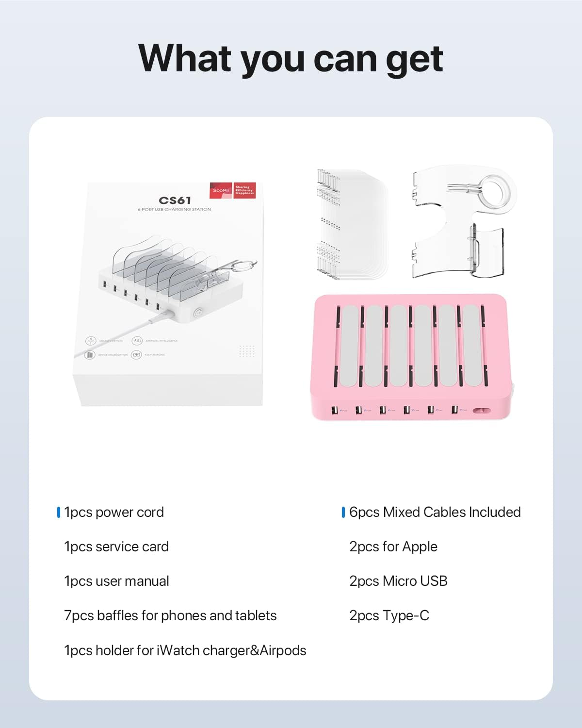 SooPii Premium 6-Port USB Charging Station Organizer for Multiple Devices, 6 Short Charging Cables and One Upgraded i-Watch Charger Holder Included, for Phones, Tablets, and Other Electronics, White