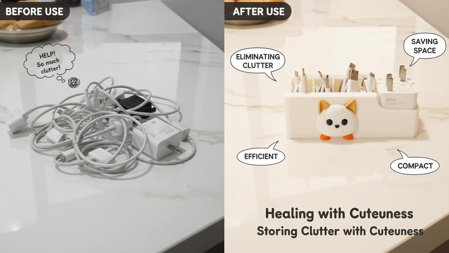 Cable Management Box, Dog Pattern Cord Organizer for Desk, Small Storage Tray for Cables, Chargers, Adapters, Power Strip, Nightstand Organizer, White (6.2 x 3.3 x 2.2 Inch)