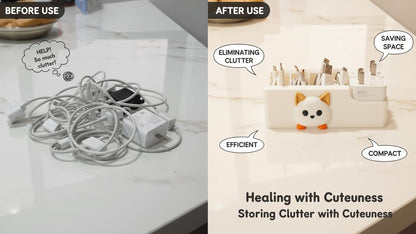 Cable Management Box, Dog Pattern Cord Organizer for Desk, Small Storage Tray for Cables, Chargers, Adapters, Power Strip, Nightstand Organizer, White (6.2 x 3.3 x 2.2 Inch)