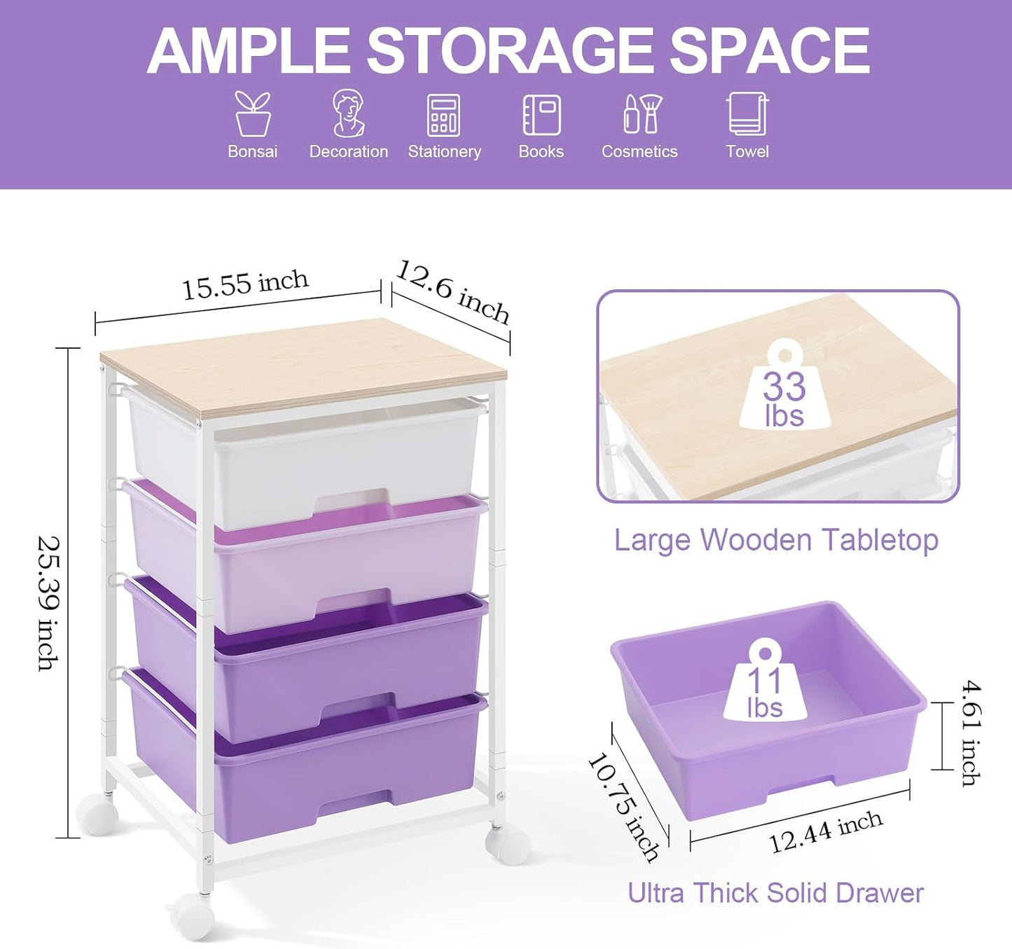 SYKIARIOL Utility Cart with 4 Drawers, Multipurpose Rolling Storage Cart with 4 Drawers and 2 Lockable Wheels, 4-Tier Rolling Storage Cart Organizer for Home Office Dorm, Bright White