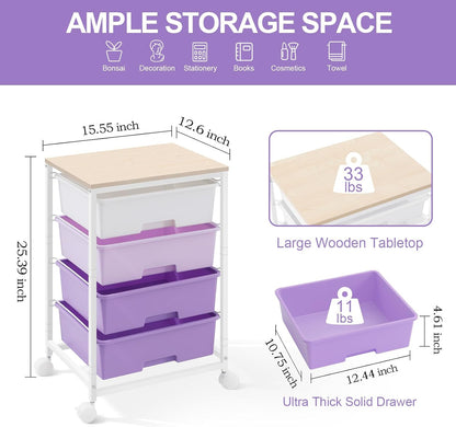 SYKIARIOL Utility Cart with 4 Drawers, Multipurpose Rolling Storage Cart with 4 Drawers and 2 Lockable Wheels, 4-Tier Rolling Storage Cart Organizer for Home Office Dorm, Bright White