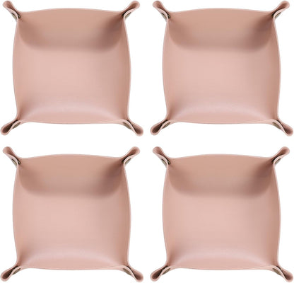 HARFINGTON 4pcs PU Leather Valet Tray Unisex Folding Small Catchall Tray Portable Entryway Table Tray Nightstand Bedside Desk Tray for Key Wallet Watch Coin Jewelry Dice, Pink