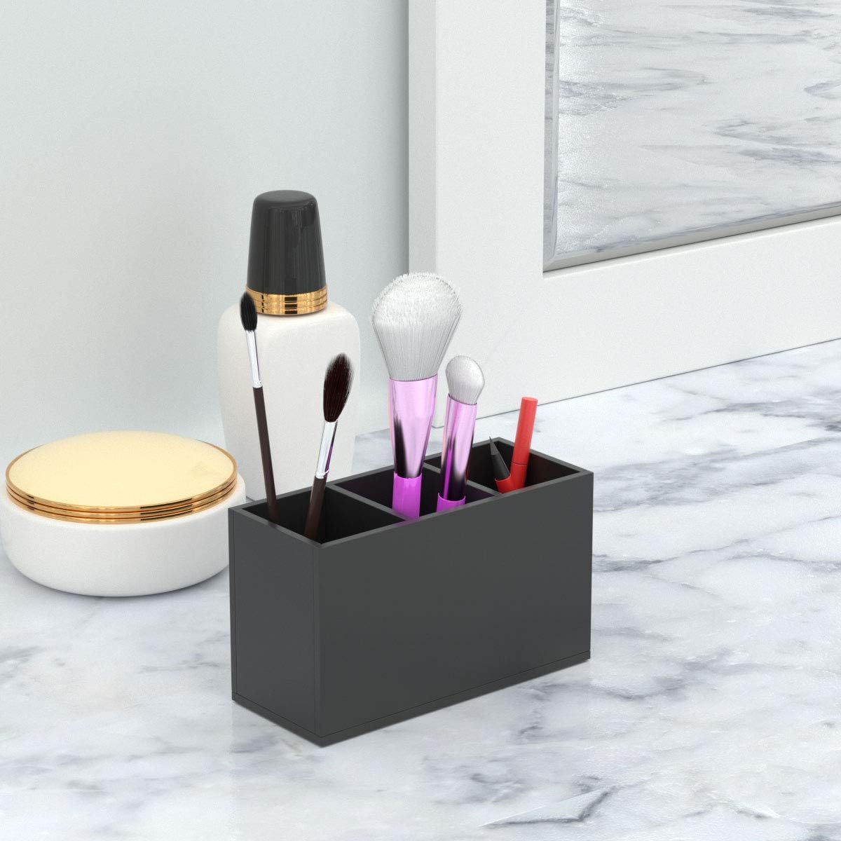 NIUBEE Acrylic Pen Holder 4 Compartments, Clear Pencil Organizer Cup for Countertop Desk Accessory Storage