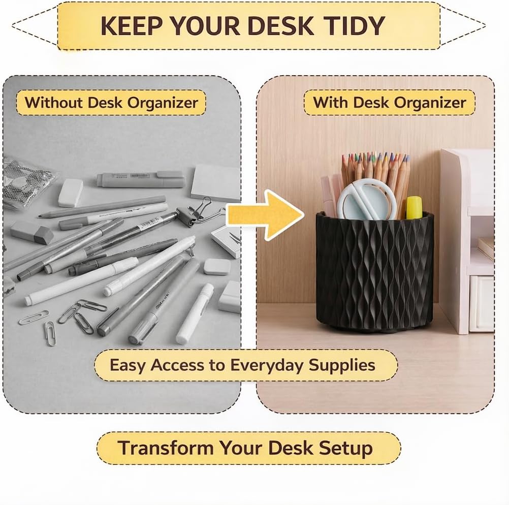 Black Pen Holder for Desk, 360° Rotating Pen Organizer with 5 Slots - Spinning Pencil Holder & Pencil Cup for Office, Art Supply, Makeup Brush - Desk Organizer for Home, School