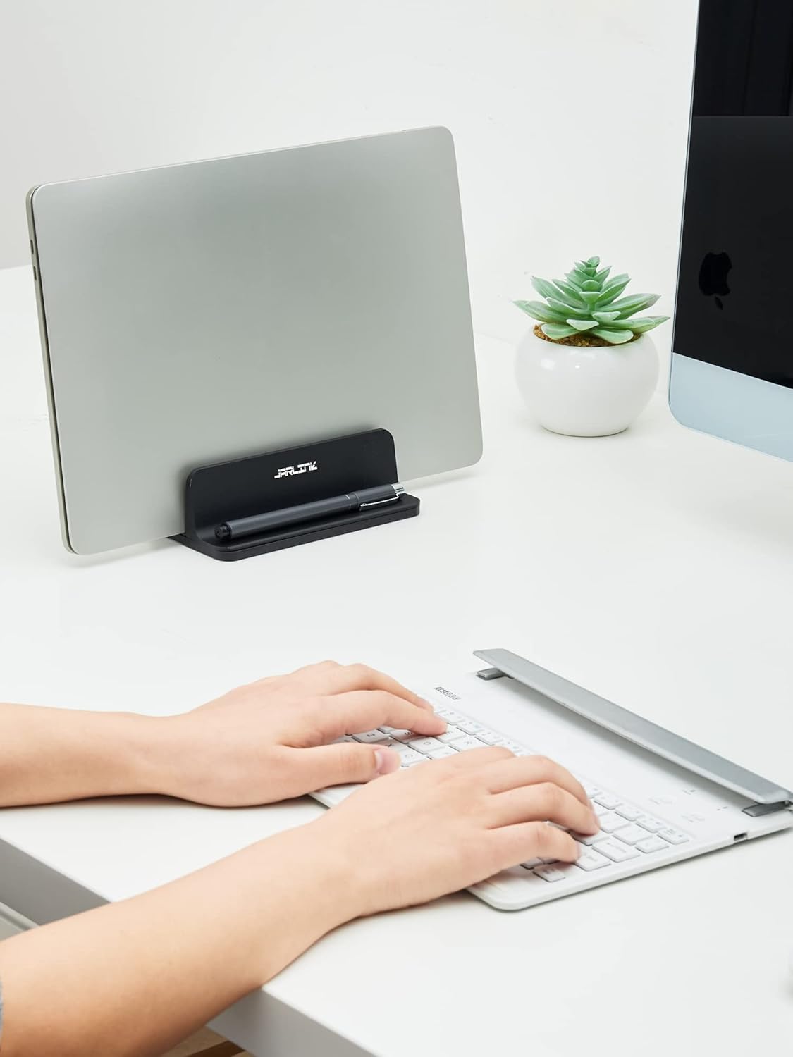 JARLINK 2-in-1 Design Vertical Laptop Stand Holder, Aluminum Laptop Stand for Desk with Adjustable Dock, Space-Saving Organizer Compatible with All MacBook, Samsung, HP, Dell, Chrome Book,Silver