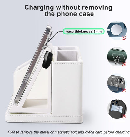 White Leather Desk Organizer with Wireless Charger – 3-in-1 Charging Station for Phone, Watch & Earbuds, 4-Compartment Remote & Office Supplies Caddy for Home Office, Gifts for Women & Men (white)