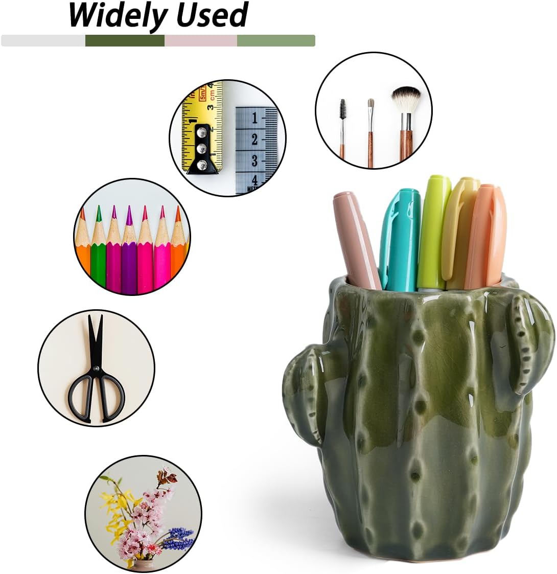 Ceramic Cactus Pen Holder, Cactus Decor Cute Pencil Holder, Makeup Brush Holder for Home, Office Desk Accessories(Dark Green)
