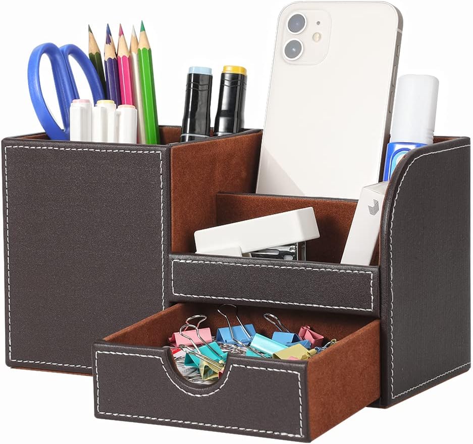 KINGFOM Desk Organizer Office Supplies Caddy Pu Leather Multi-function Storage Box Pen/Pencil,Cell phone, Business Name Cards Remote Control Holder with Small Drawer Black