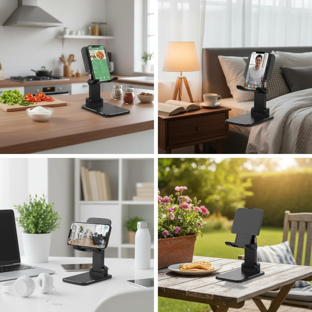 Adjustable Cell Phone Stand for Desk, Heavy Duty Black Phone Holder with Foldable & Stable Desktop Stand Compatible with iPhone 17 16 15 14 13 Pro Max, All Smartphones