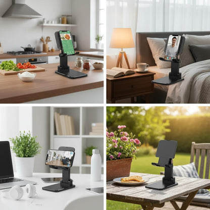Adjustable Cell Phone Stand for Desk, Heavy Duty Black Phone Holder with Foldable & Stable Desktop Stand Compatible with iPhone 17 16 15 14 13 Pro Max, All Smartphones