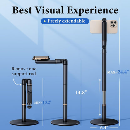 Retractable Phone Stand for Desk,10.2-24.4in Height Adjustable Rotating Phone Holder for Recording,Aluminium Overhead Phone Mount for iPhone & 4.7-7in Cell Phones