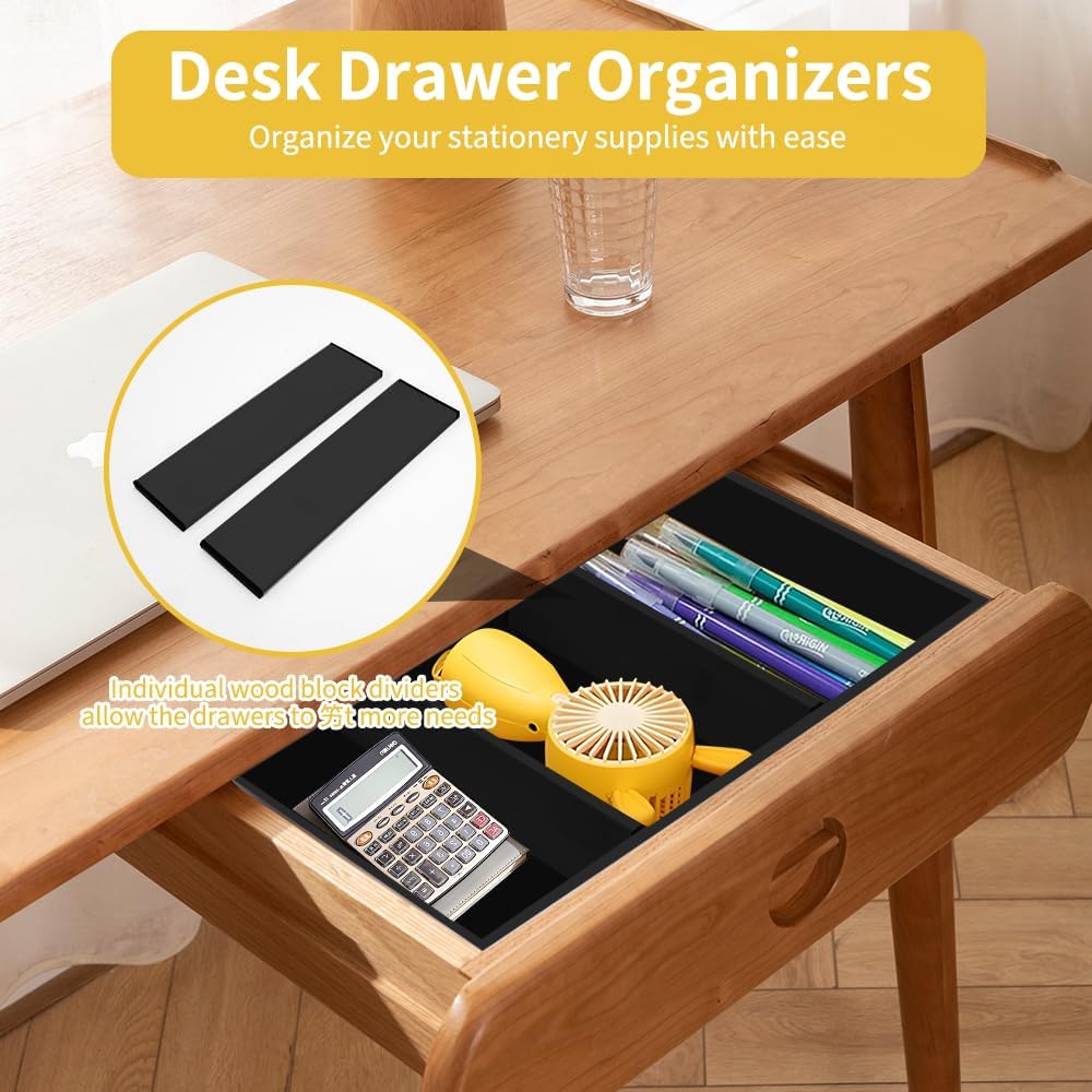 Bamboo Drawer Organizer with 2 Dividers, 5PCS Adjustable Junk Desk Organizer Trays with 7 Grid , Wood Stackable Storage Boxes Bins for Kitchen Flatware, Office Desktop, Bathroom Makeup, Jewelry