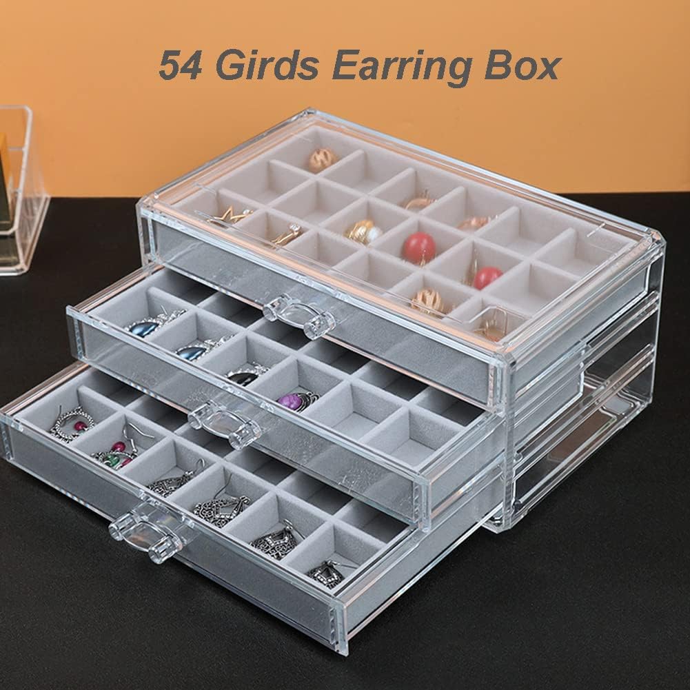 YUFONG Earring Organizer Box Acrylic Jewelry Organizer with 3 Drawers 54 Adjustable Grids Clear Stackable Earring Holder Velvet Trays Ring Display Case for Women Girls (Beige)