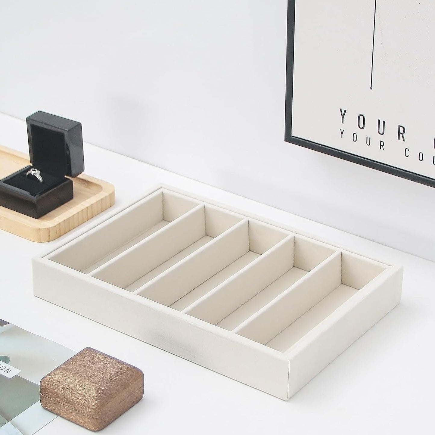 Bedside Organizer - Multi-use Nightstand & Desk-top Catchall Tray for Jewelry, Sunglasses, Phone, Watch, Perfume, Lipstick (Beige 3Grid)