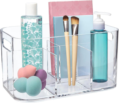 STORi Bliss 5-Compartment Plastic Cosmetics Storage Organizer, Set of 2 | Clear | Rectangular Divided Makeup Bin & Vanity Caddy with Pass-Through Handles | Round Corner Design | Made in USA
