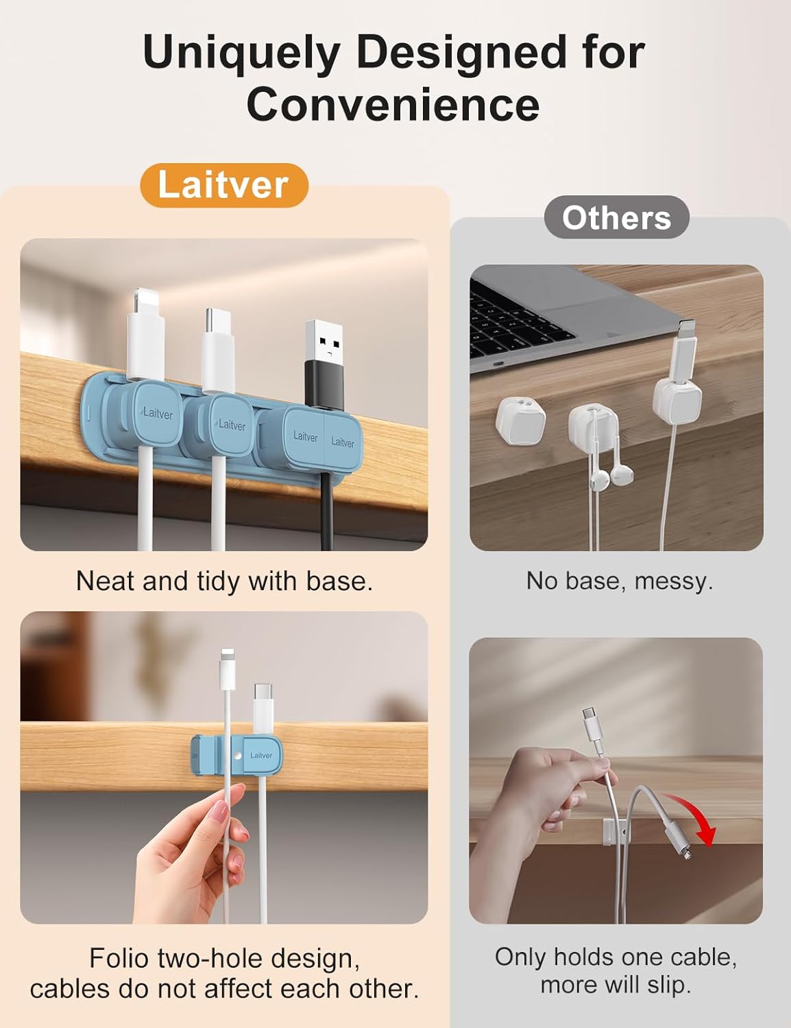 6 Pack Magnetic Cable Clips [1s Open/Lock], Laitver Cord Organizer Holder Strong Adhesive Desk Cable Management- Organize Charging Cords Neatly for Home, Office, Car,Desk, Nightstand