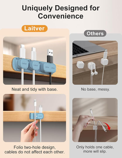 6 Pack Magnetic Cable Clips [1s Open/Lock], Laitver Cord Organizer Holder Strong Adhesive Desk Cable Management- Organize Charging Cords Neatly for Home, Office, Car,Desk, Nightstand