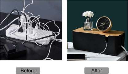 Changsuo Cable Management Box with Bamboo Lid Small Cable Organizer Box for Extension Cord Power Stripe Surge Protector Wire Management Concealer Organizer Cover Hider (Black)