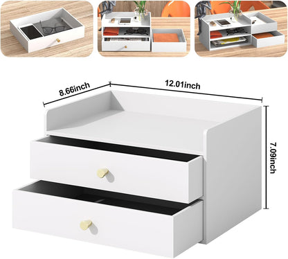 Bamboo Desk Organizer with Drawers Wooden Desktop Storage Organization Box for Bills Office Supplies Kitchen Utensils Organizing Tool for Home Classroom Vanity, No Assembly Required (3 Drawers, Black)