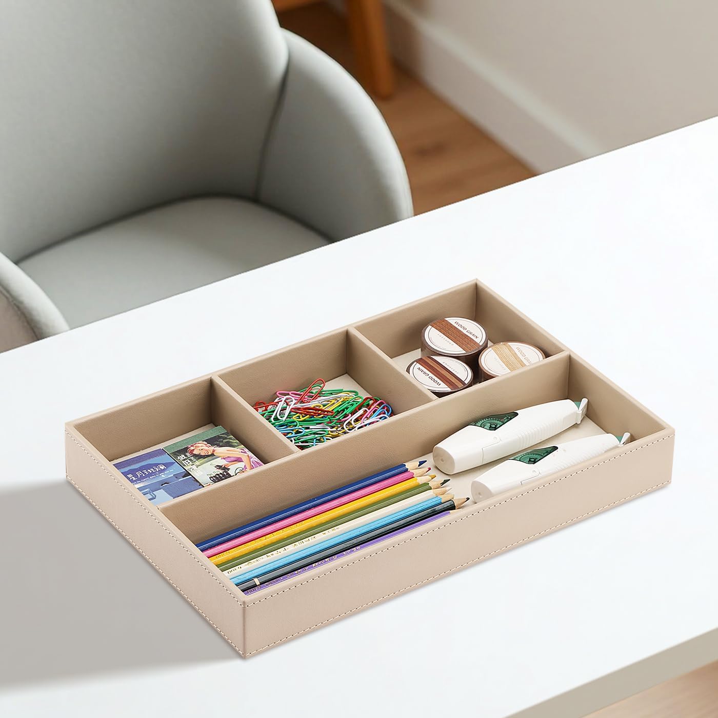 KINGFOM Pu Leather Desk Organizer Tray, 4 Compartment Office Storage Supplies Stationery Drawer Tray, Nightstand Bedside Tray for Key, Wallet, Watch, Coin, Phone Valet Tray Stackable