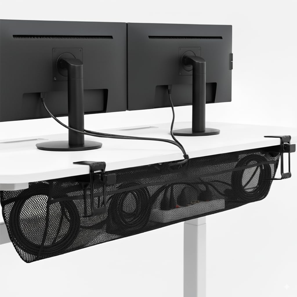 VIVO No Drill Clamp-on 36 inch Mesh Net Under Desk Cable Management Wire Organizer, Adjustable Home Office Standing Desk Cord Storage Sleeve, Black, DESK-AC36MH