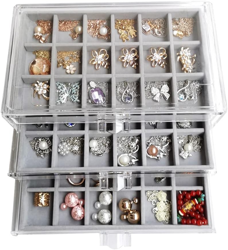 YUFONG Earring Organizer Box Acrylic Jewelry Organizer with 3 Drawers 54 Adjustable Grids Clear Stackable Earring Holder Velvet Trays Ring Display Case for Women Girls (Beige)