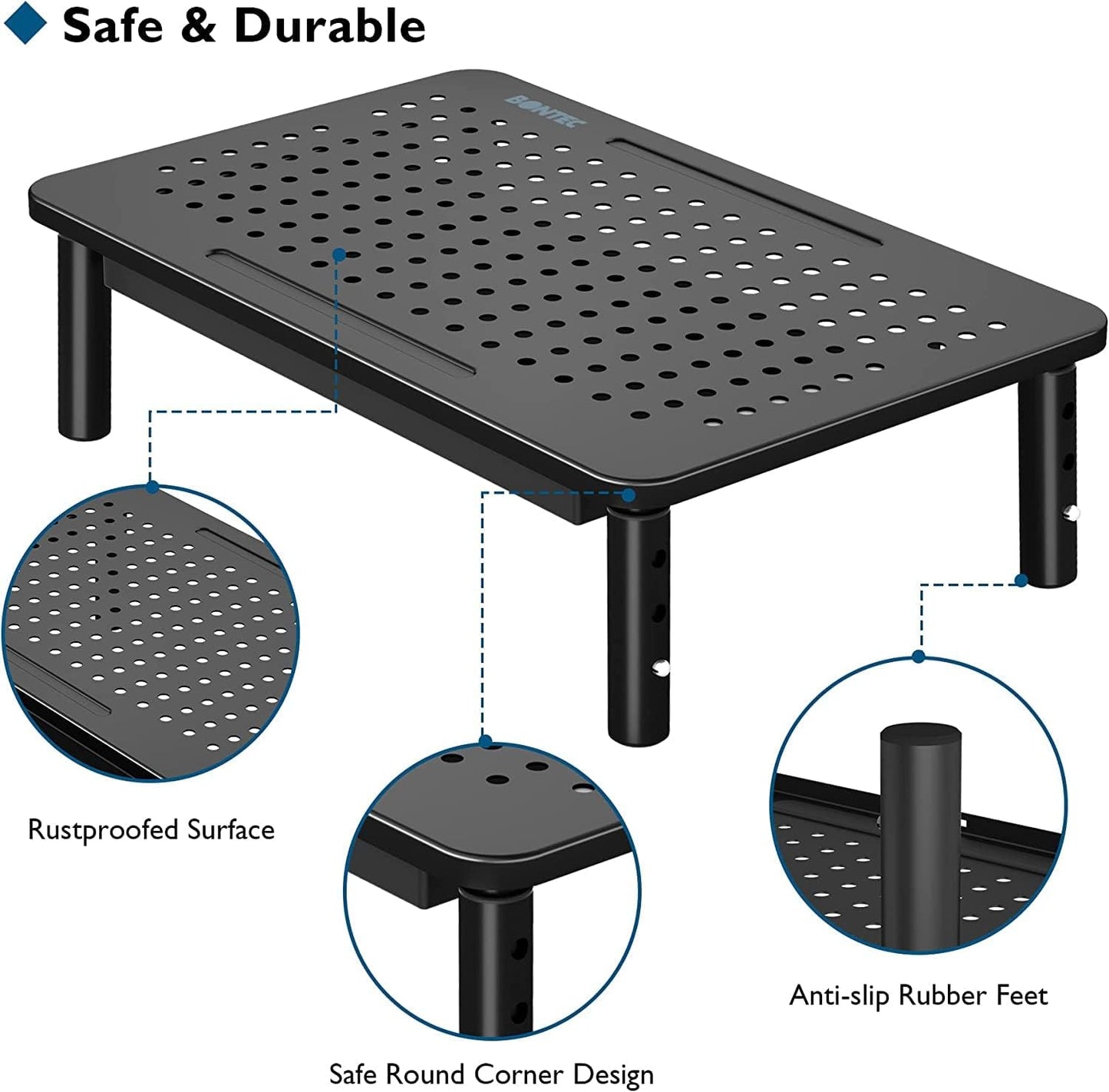 BONTEC 2 Pack Adjustable Monitor Stand Riser with Drawer, Ergonomic Mesh Platform Computer Monitor Stand for Desk, Ventilated Laptop and PC Stand with Cable Management, Supports up to 44lbs