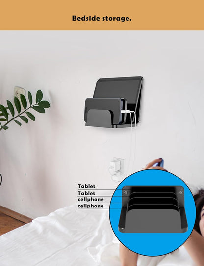 Phone Wall Mount Storage Organizer, Compatible with iPhone and Android, Holds Four Phones or Tablets at Once Charging Holder Station Fit for ipad, Kindle and More (Black)