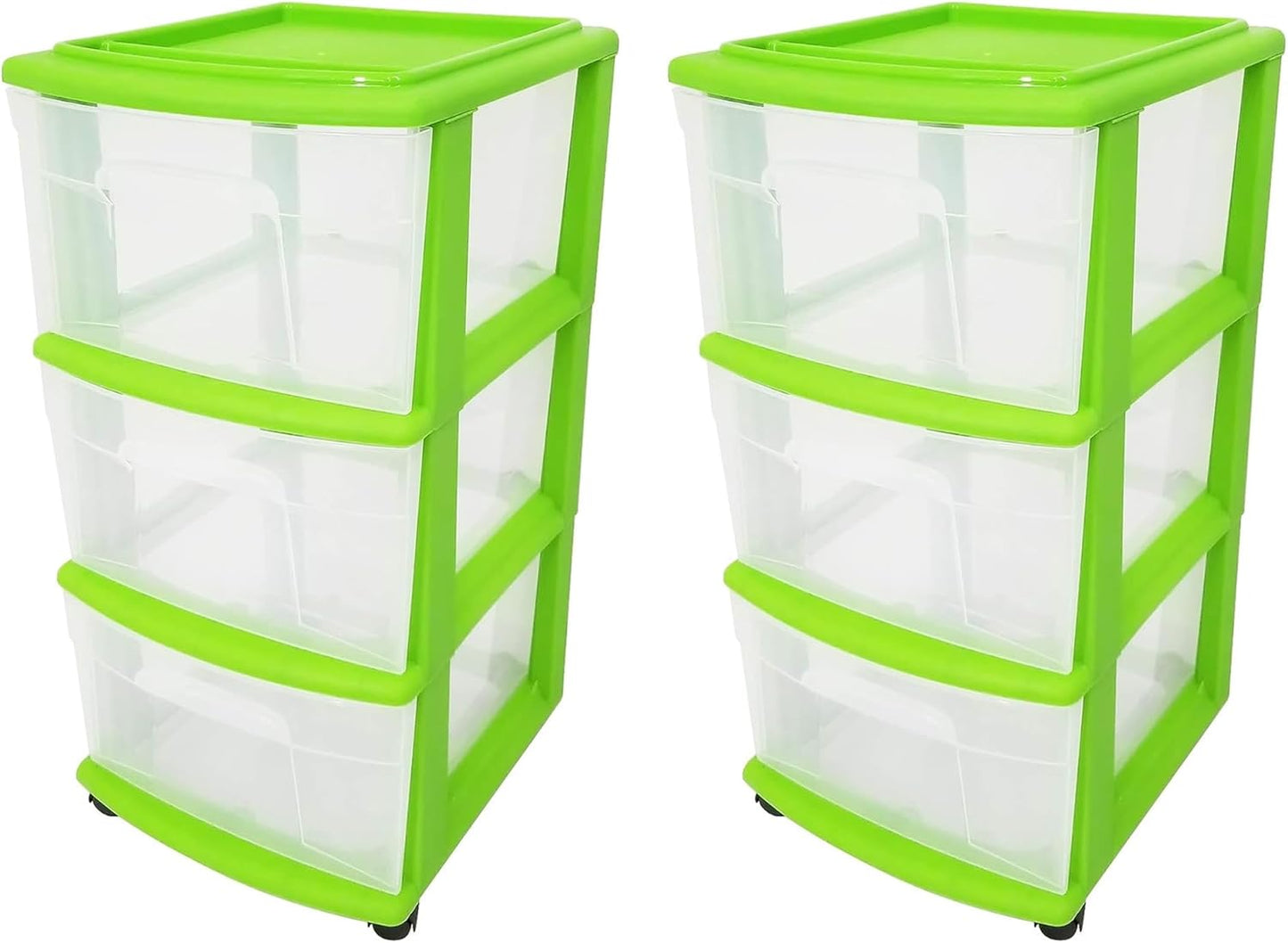 HOMZ Drawer Tower, 3-Tier Rolling Storage Cart with Removable Wheels, White Frame – Plastic Organizer with Clear Bin Drawers for Bedroom, Bathroom, Home Office, and Dorm Room