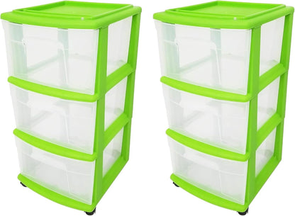 HOMZ Drawer Tower, 3-Tier Rolling Storage Cart with Removable Wheels, White Frame – Plastic Organizer with Clear Bin Drawers for Bedroom, Bathroom, Home Office, and Dorm Room