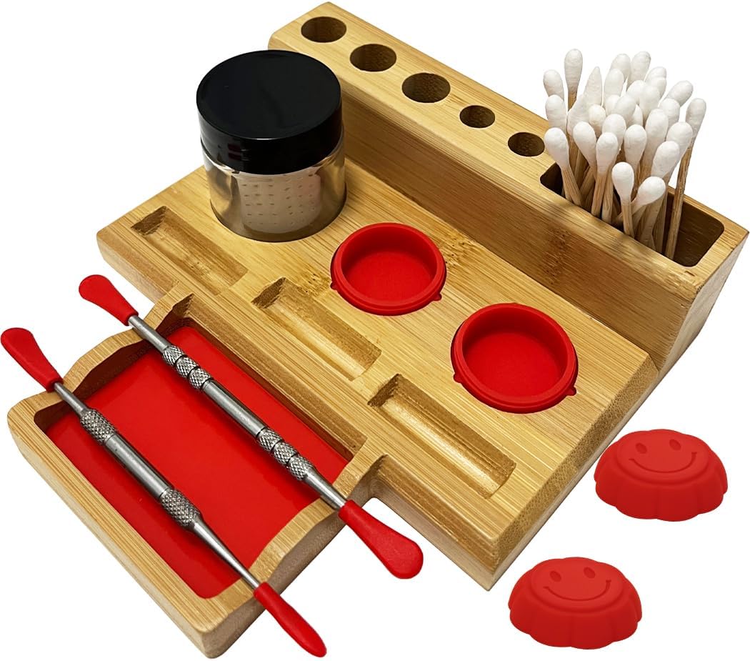 Bamboo Desk Organizer,Carving Tool Organizer with Non-sticky Mat and Silicone Container (21 x 16 x 4.5cm)