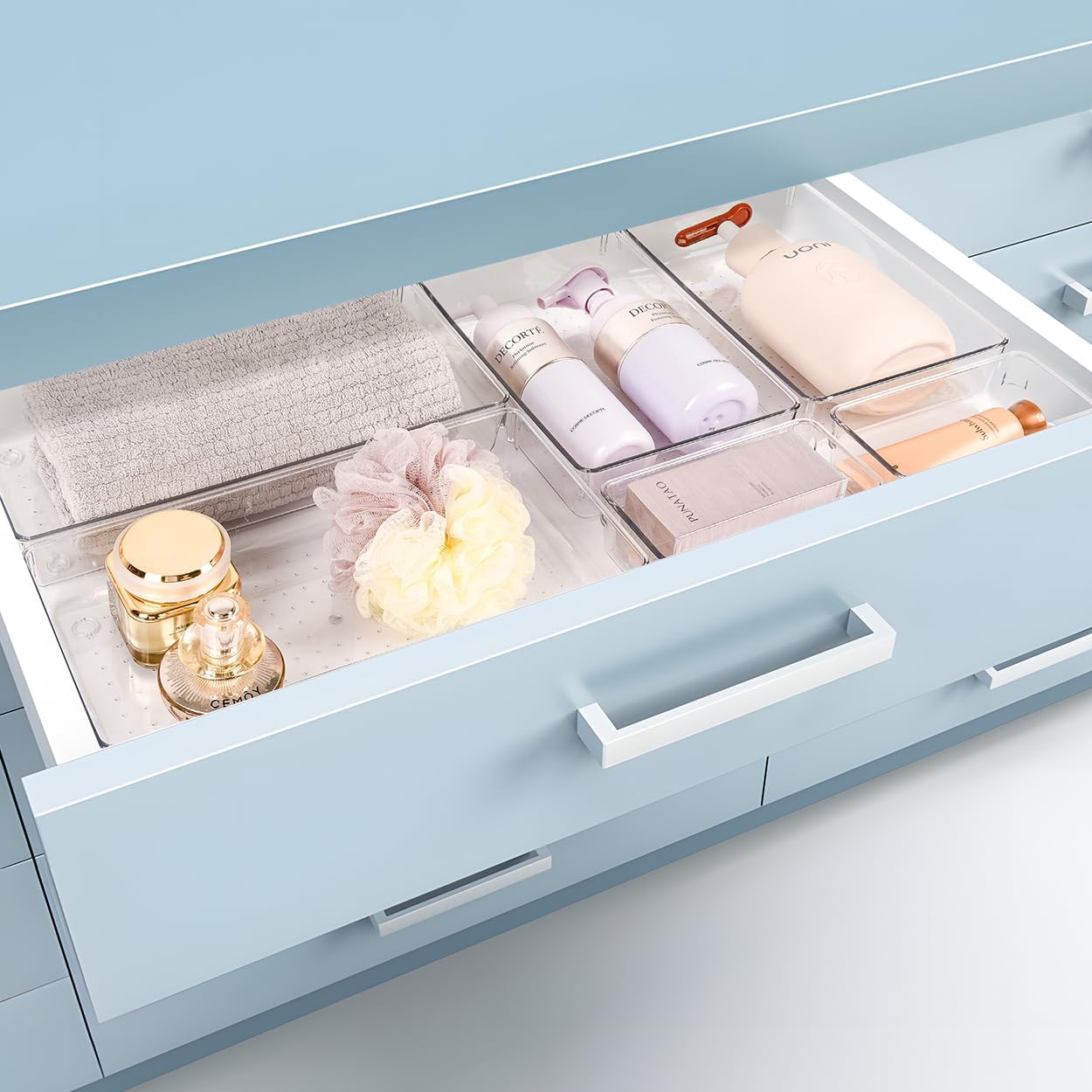 Kutesna 3 Pcs Large Clear Drawer Organizer Set, 15" X 6" Desk Drawer Organizers Trays with Non-Slip Silicone Pads, Storage Bins for Makeup, Office, Kitchen Gadgets Utensils, Bedroom, Tools, Bathroom